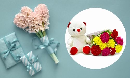 1. Mazzo di garofani con orsacchiotto