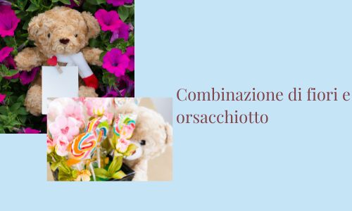 Combinazione di fiori e orsacchiotto